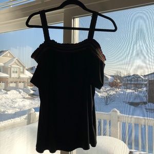 WHBM black off shoulder top with embroidered trim